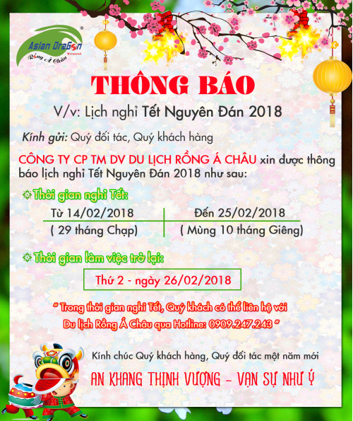 Thông báo Lịch nghỉ Tết Nguyên Đán 2018