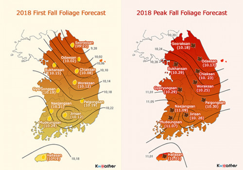 Lịch dự báo mùa lá đỏ ở Hàn Quốc
