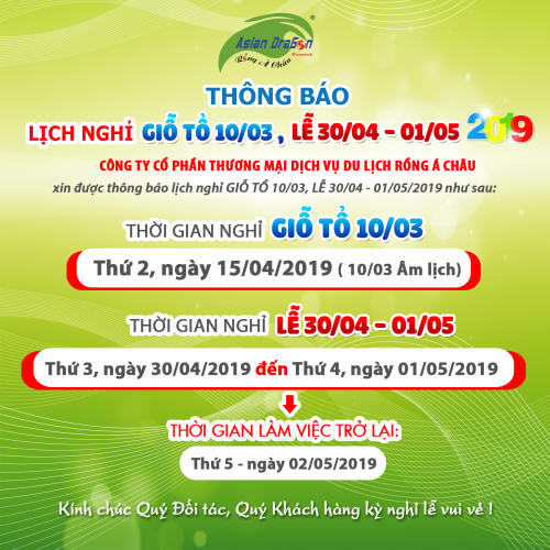 Thông báo lịch nghỉ lễ Giỗ tổ Hùng Vương, 30-04 và 1-5