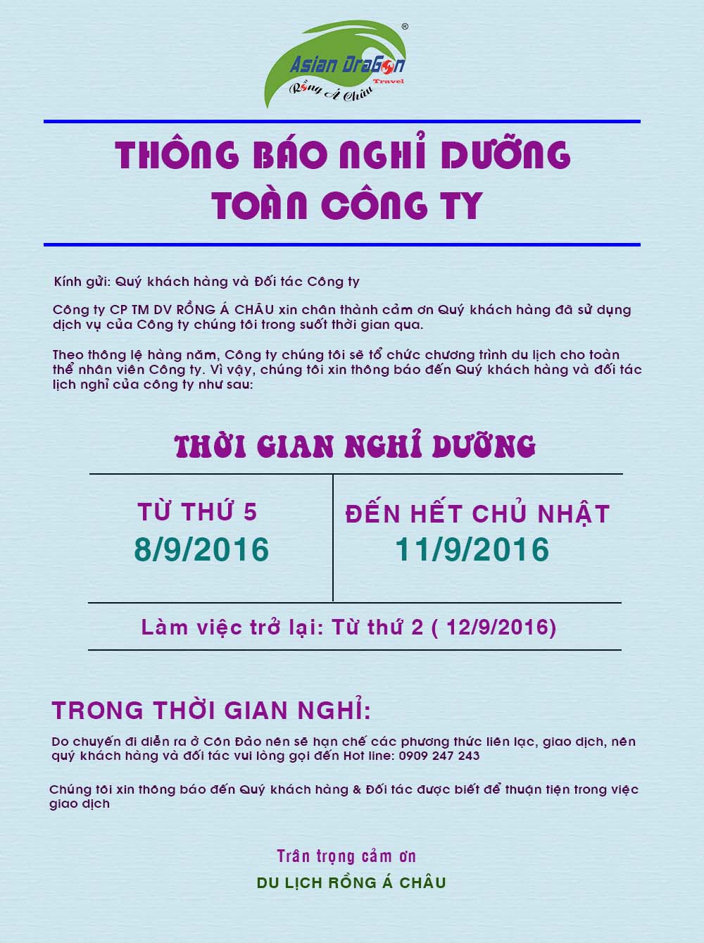 thông báo nghỉ dưỡng toàn công ty