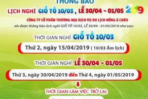 Thông báo lịch nghỉ lễ Giỗ tổ Hùng Vương, 30-04 và 1-5